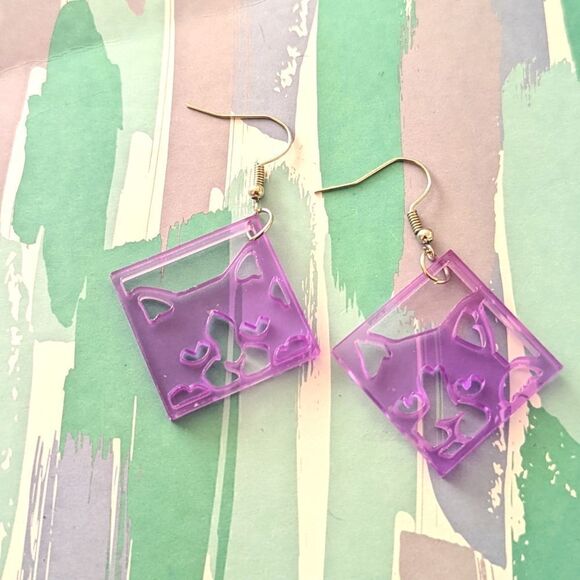 Kitty Cat Blue Black or Purple Square Geometric Dangling Hook Earrings - Picture 2 of 9